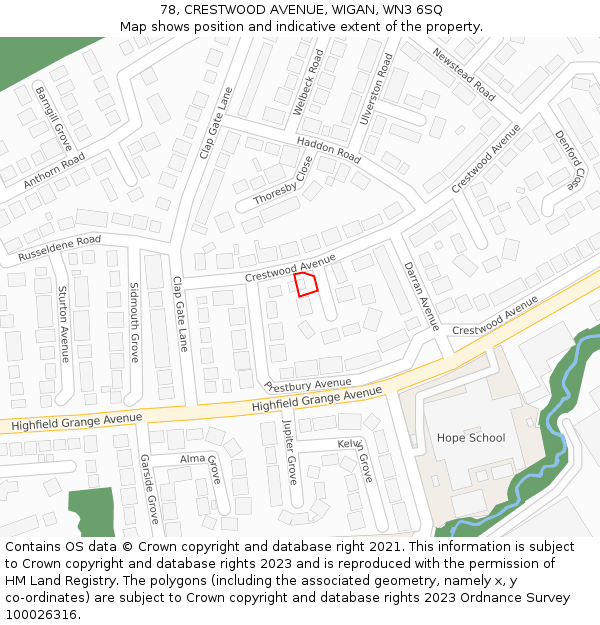 78, CRESTWOOD AVENUE, WIGAN, WN3 6SQ: Location map and indicative extent of plot