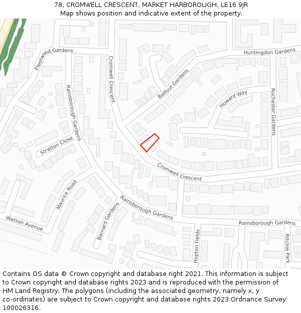78, CROMWELL CRESCENT, MARKET HARBOROUGH, LE16 9JR: Location map and indicative extent of plot