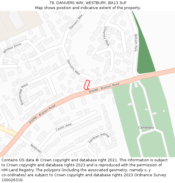 78, DANVERS WAY, WESTBURY, BA13 3UF: Location map and indicative extent of plot
