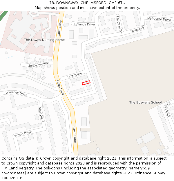 78, DOWNSWAY, CHELMSFORD, CM1 6TU: Location map and indicative extent of plot