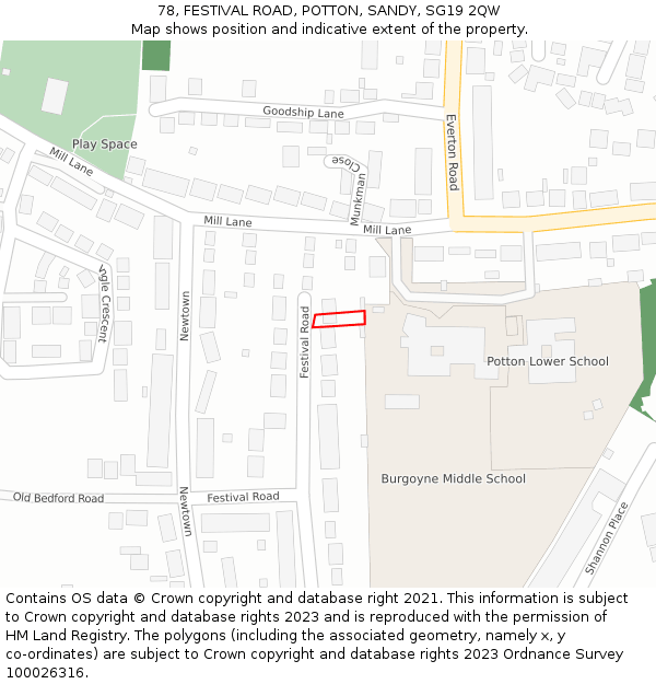 78, FESTIVAL ROAD, POTTON, SANDY, SG19 2QW: Location map and indicative extent of plot