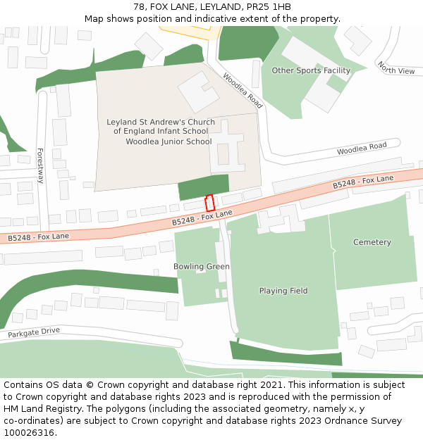 78, FOX LANE, LEYLAND, PR25 1HB: Location map and indicative extent of plot