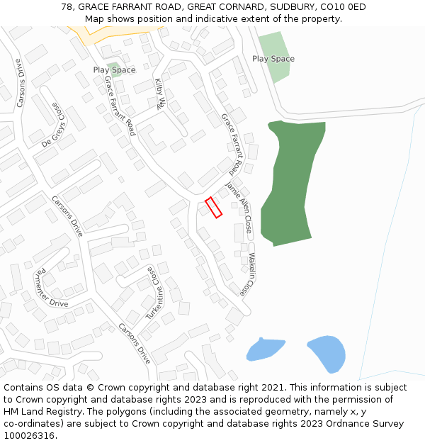 78, GRACE FARRANT ROAD, GREAT CORNARD, SUDBURY, CO10 0ED: Location map and indicative extent of plot