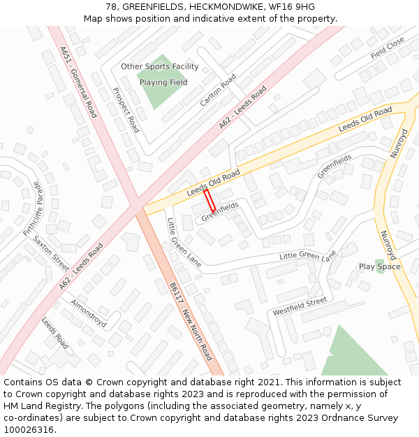 78, GREENFIELDS, HECKMONDWIKE, WF16 9HG: Location map and indicative extent of plot