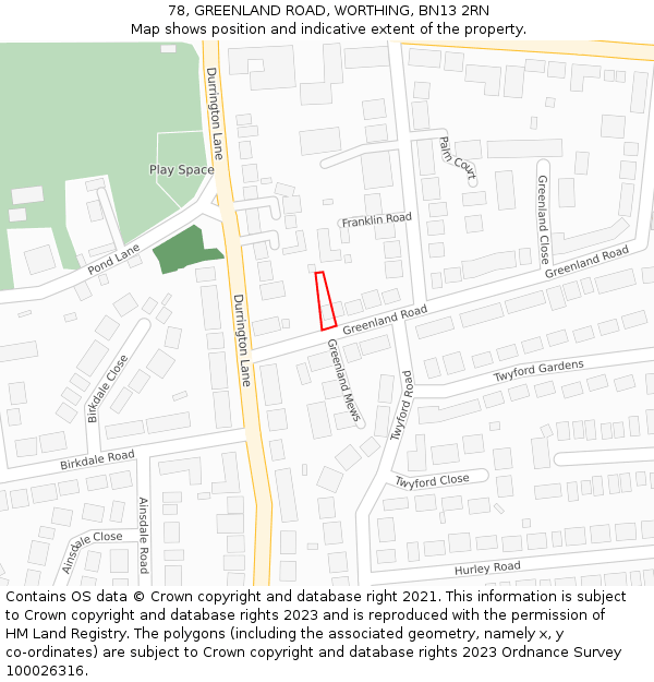 78, GREENLAND ROAD, WORTHING, BN13 2RN: Location map and indicative extent of plot
