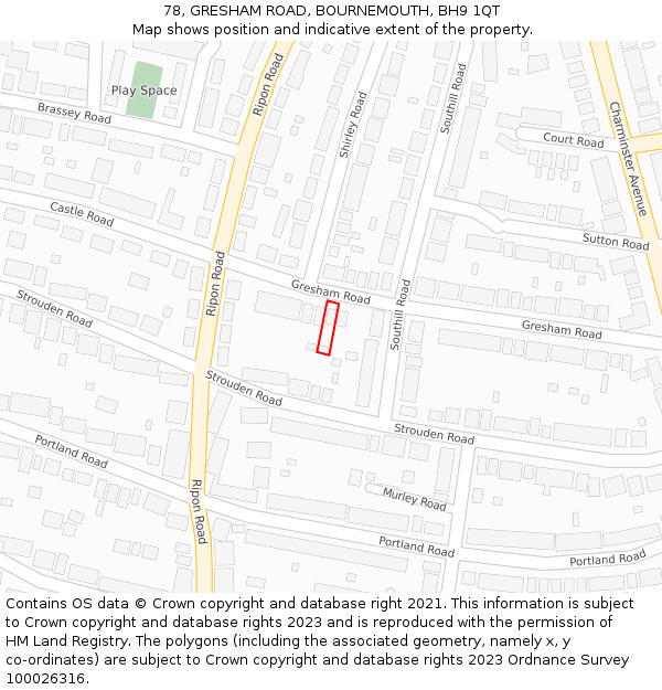 78, GRESHAM ROAD, BOURNEMOUTH, BH9 1QT: Location map and indicative extent of plot