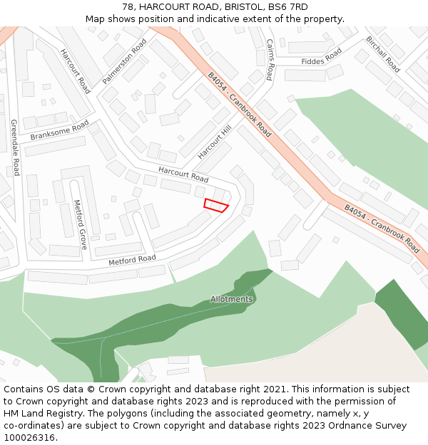 78, HARCOURT ROAD, BRISTOL, BS6 7RD: Location map and indicative extent of plot