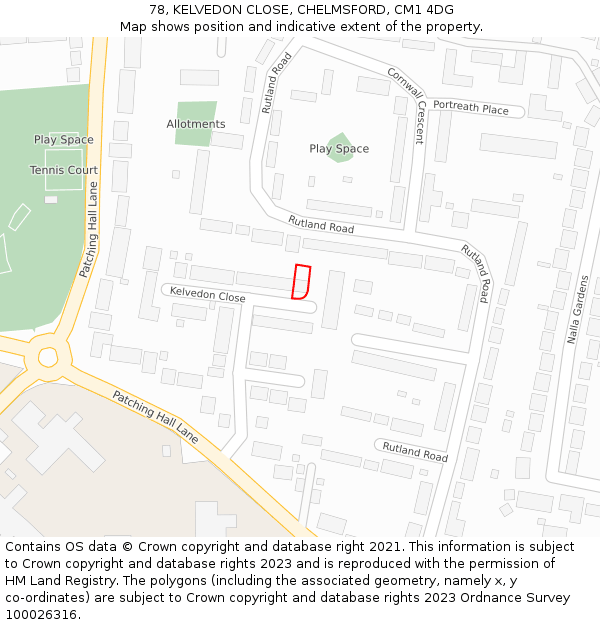 78, KELVEDON CLOSE, CHELMSFORD, CM1 4DG: Location map and indicative extent of plot