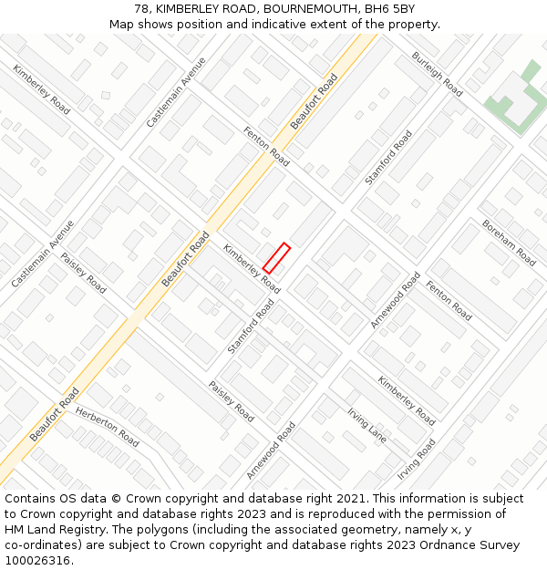 78, KIMBERLEY ROAD, BOURNEMOUTH, BH6 5BY: Location map and indicative extent of plot