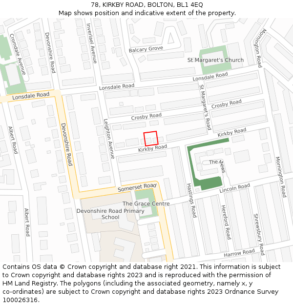 78, KIRKBY ROAD, BOLTON, BL1 4EQ: Location map and indicative extent of plot