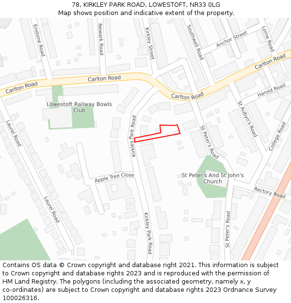 78, KIRKLEY PARK ROAD, LOWESTOFT, NR33 0LG: Location map and indicative extent of plot