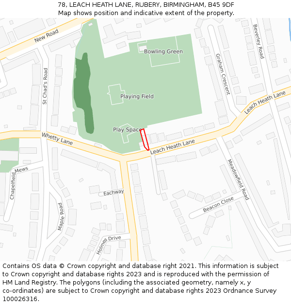 78, LEACH HEATH LANE, RUBERY, BIRMINGHAM, B45 9DF: Location map and indicative extent of plot