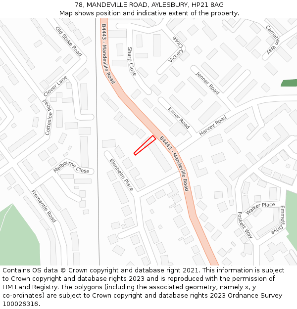 78, MANDEVILLE ROAD, AYLESBURY, HP21 8AG: Location map and indicative extent of plot