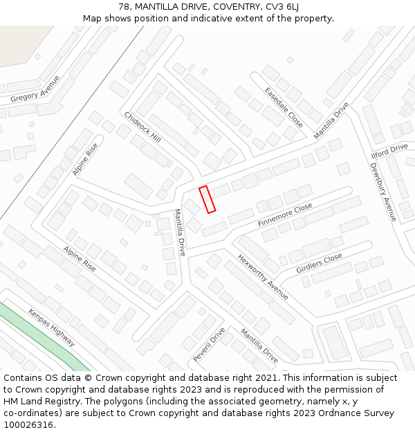 78, MANTILLA DRIVE, COVENTRY, CV3 6LJ: Location map and indicative extent of plot