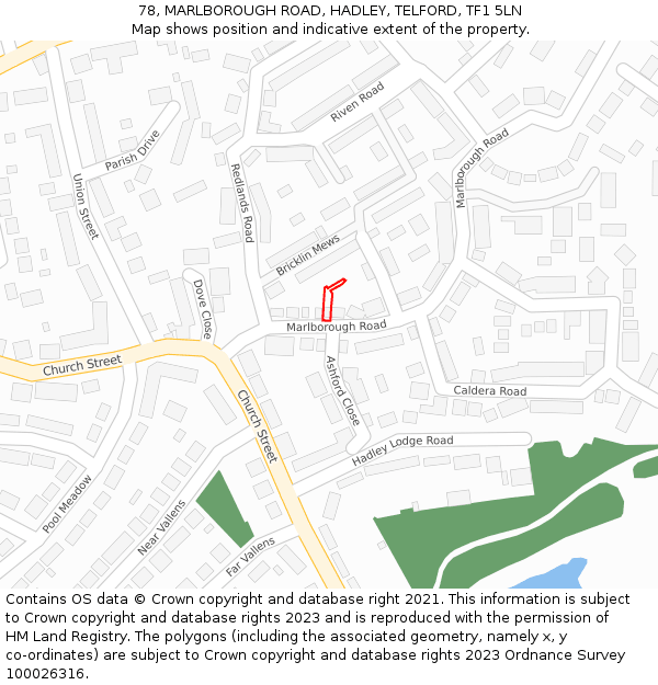 78, MARLBOROUGH ROAD, HADLEY, TELFORD, TF1 5LN: Location map and indicative extent of plot