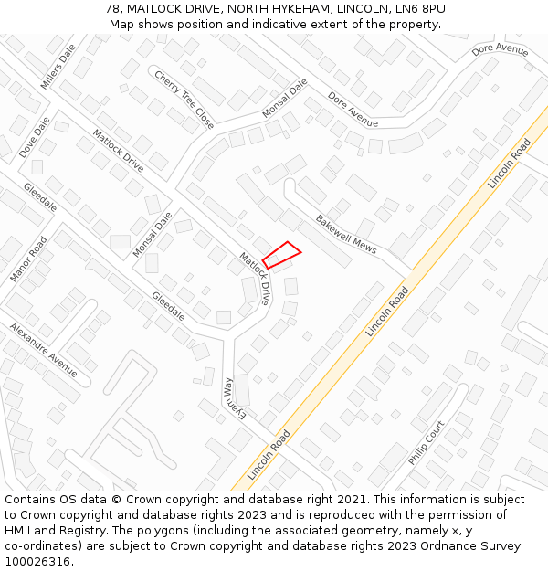 78, MATLOCK DRIVE, NORTH HYKEHAM, LINCOLN, LN6 8PU: Location map and indicative extent of plot