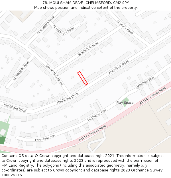 78, MOULSHAM DRIVE, CHELMSFORD, CM2 9PY: Location map and indicative extent of plot