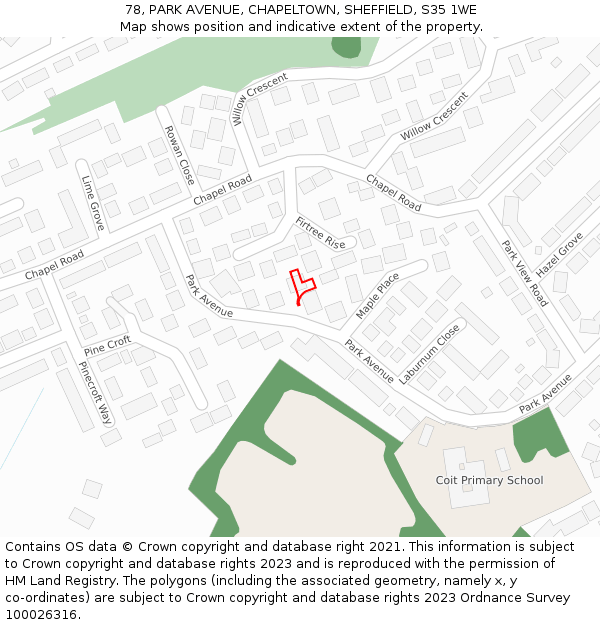78, PARK AVENUE, CHAPELTOWN, SHEFFIELD, S35 1WE: Location map and indicative extent of plot