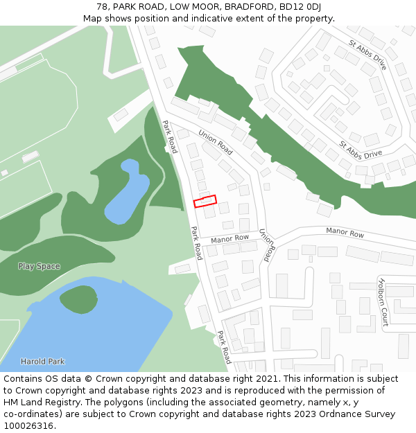 78, PARK ROAD, LOW MOOR, BRADFORD, BD12 0DJ: Location map and indicative extent of plot