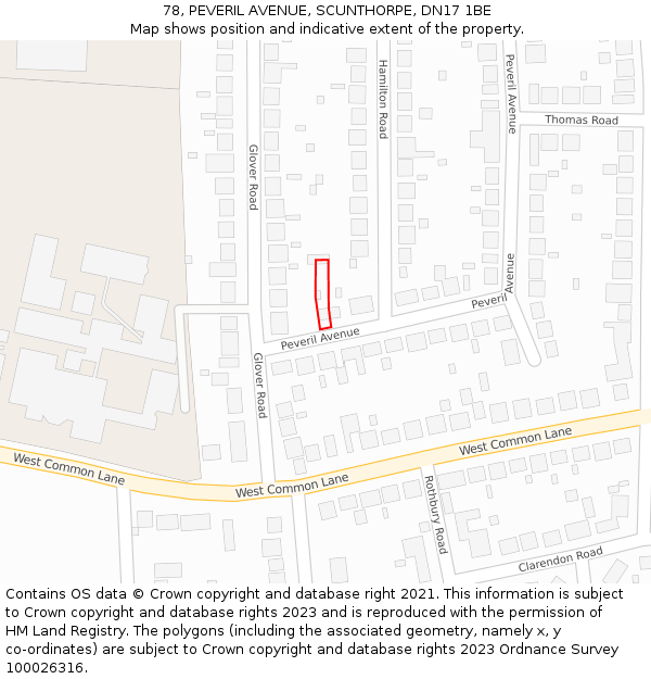 78, PEVERIL AVENUE, SCUNTHORPE, DN17 1BE: Location map and indicative extent of plot