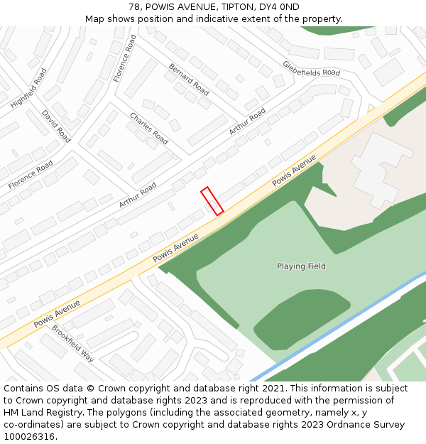 78, POWIS AVENUE, TIPTON, DY4 0ND: Location map and indicative extent of plot