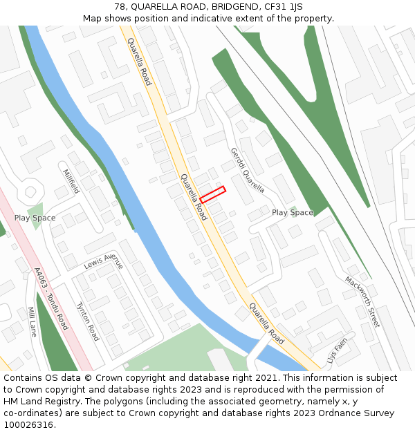 78, QUARELLA ROAD, BRIDGEND, CF31 1JS: Location map and indicative extent of plot
