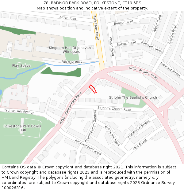 78, RADNOR PARK ROAD, FOLKESTONE, CT19 5BS: Location map and indicative extent of plot