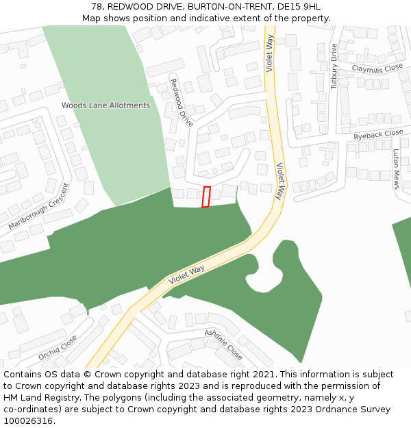 78, REDWOOD DRIVE, BURTON-ON-TRENT, DE15 9HL: Location map and indicative extent of plot