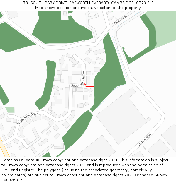 78, SOUTH PARK DRIVE, PAPWORTH EVERARD, CAMBRIDGE, CB23 3LF: Location map and indicative extent of plot