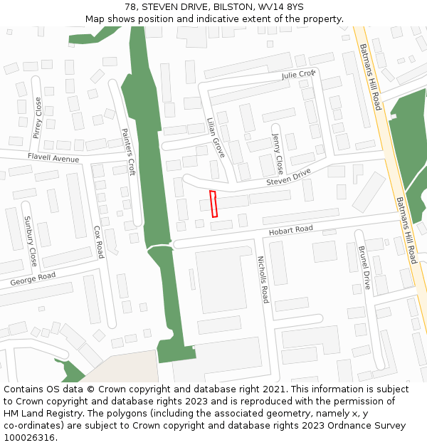78, STEVEN DRIVE, BILSTON, WV14 8YS: Location map and indicative extent of plot