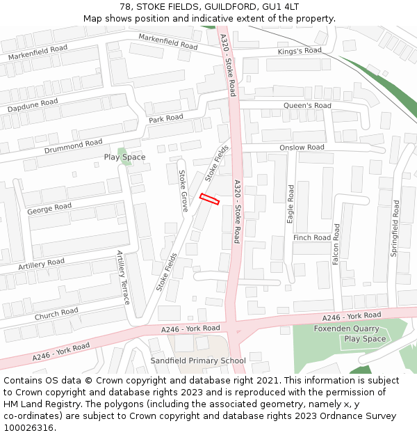 78, STOKE FIELDS, GUILDFORD, GU1 4LT: Location map and indicative extent of plot