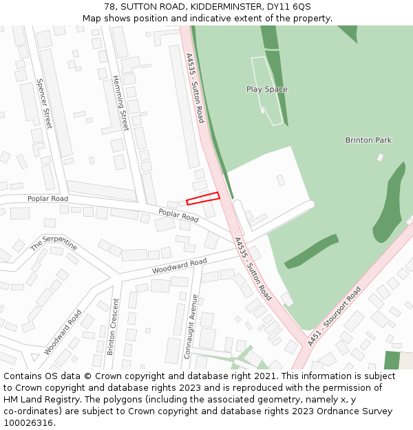 78, SUTTON ROAD, KIDDERMINSTER, DY11 6QS: Location map and indicative extent of plot