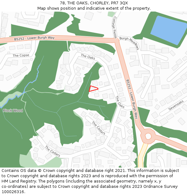 78, THE OAKS, CHORLEY, PR7 3QX: Location map and indicative extent of plot