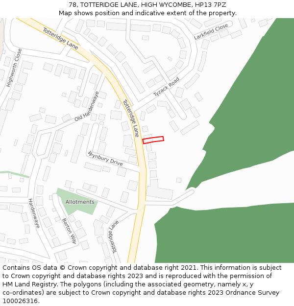 78, TOTTERIDGE LANE, HIGH WYCOMBE, HP13 7PZ: Location map and indicative extent of plot