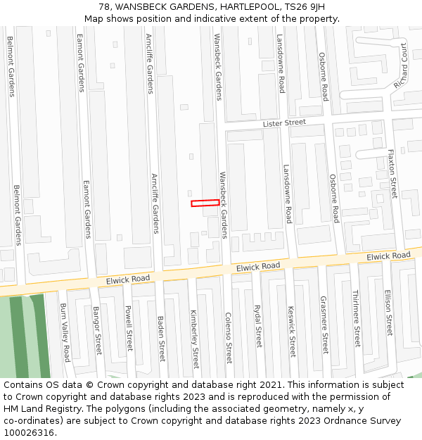78, WANSBECK GARDENS, HARTLEPOOL, TS26 9JH: Location map and indicative extent of plot