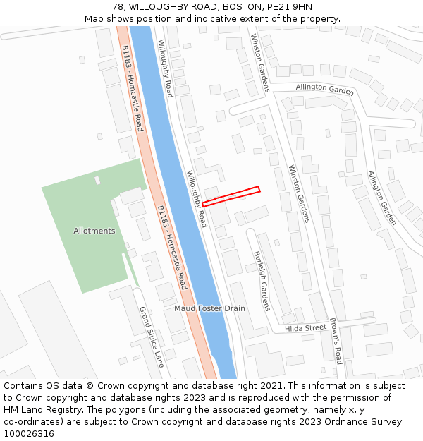 78, WILLOUGHBY ROAD, BOSTON, PE21 9HN: Location map and indicative extent of plot