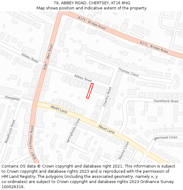 79, ABBEY ROAD, CHERTSEY, KT16 8NG: Location map and indicative extent of plot