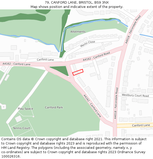 79, CANFORD LANE, BRISTOL, BS9 3NX: Location map and indicative extent of plot