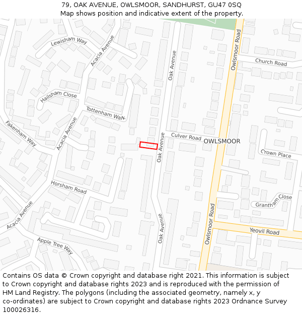 79, OAK AVENUE, OWLSMOOR, SANDHURST, GU47 0SQ: Location map and indicative extent of plot