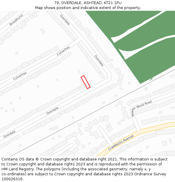 79, OVERDALE, ASHTEAD, KT21 1PU: Location map and indicative extent of plot