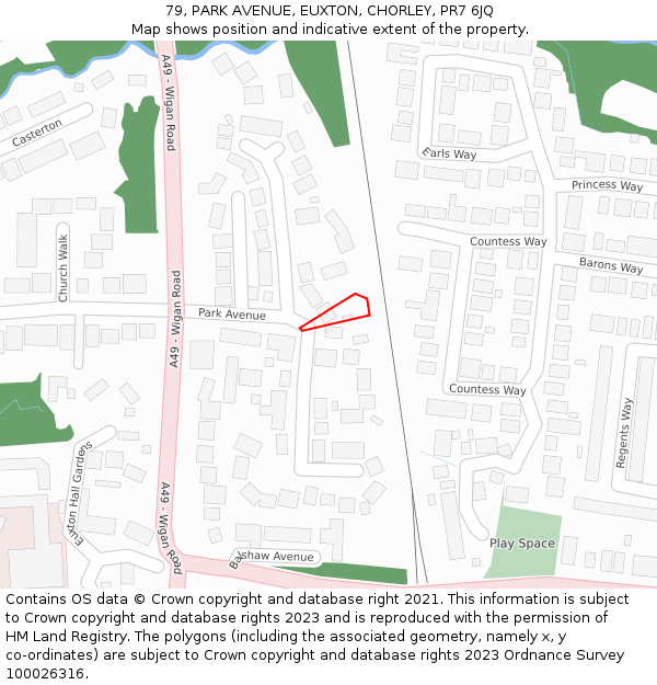 79, PARK AVENUE, EUXTON, CHORLEY, PR7 6JQ: Location map and indicative extent of plot