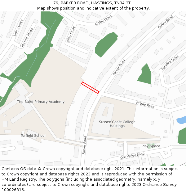 79, PARKER ROAD, HASTINGS, TN34 3TH: Location map and indicative extent of plot