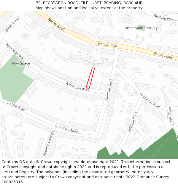 79, RECREATION ROAD, TILEHURST, READING, RG30 4UB: Location map and indicative extent of plot