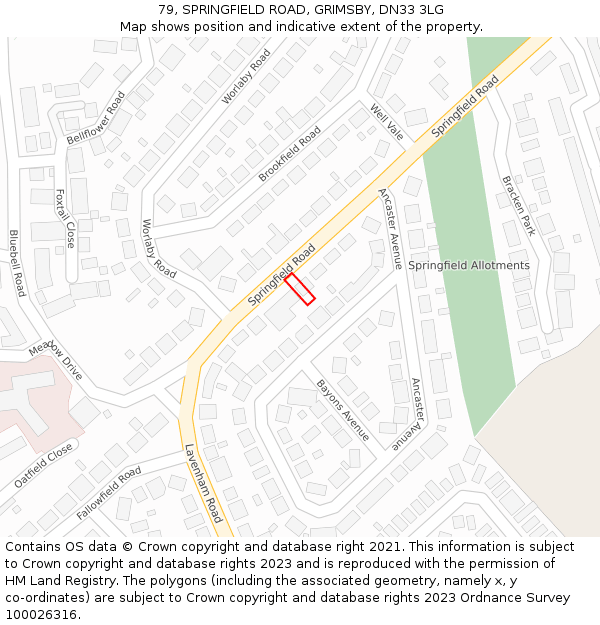 79, SPRINGFIELD ROAD, GRIMSBY, DN33 3LG: Location map and indicative extent of plot