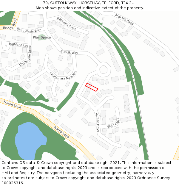 79, SUFFOLK WAY, HORSEHAY, TELFORD, TF4 3UL: Location map and indicative extent of plot
