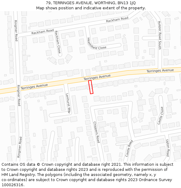 79, TERRINGES AVENUE, WORTHING, BN13 1JQ: Location map and indicative extent of plot