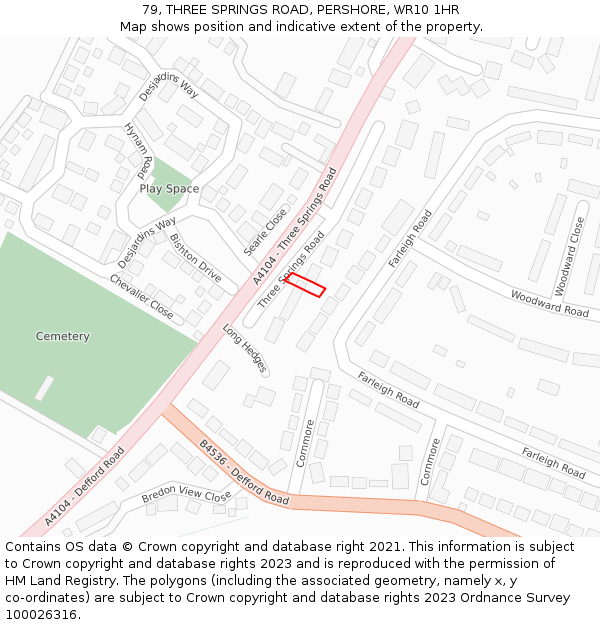 79, THREE SPRINGS ROAD, PERSHORE, WR10 1HR: Location map and indicative extent of plot
