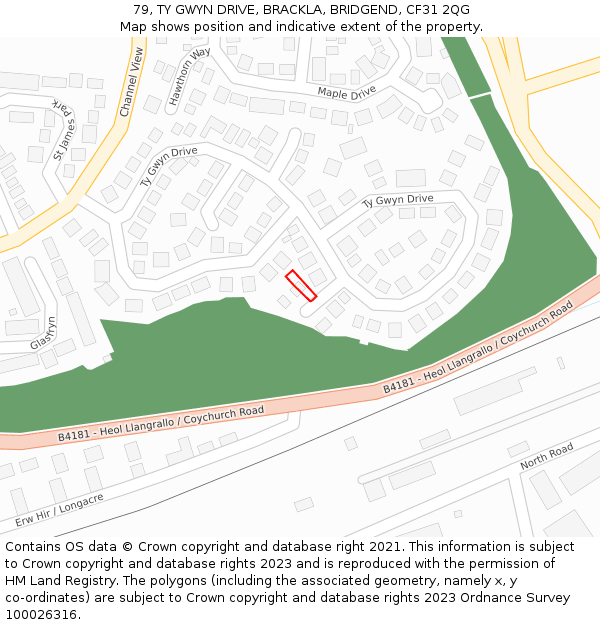 79, TY GWYN DRIVE, BRACKLA, BRIDGEND, CF31 2QG: Location map and indicative extent of plot