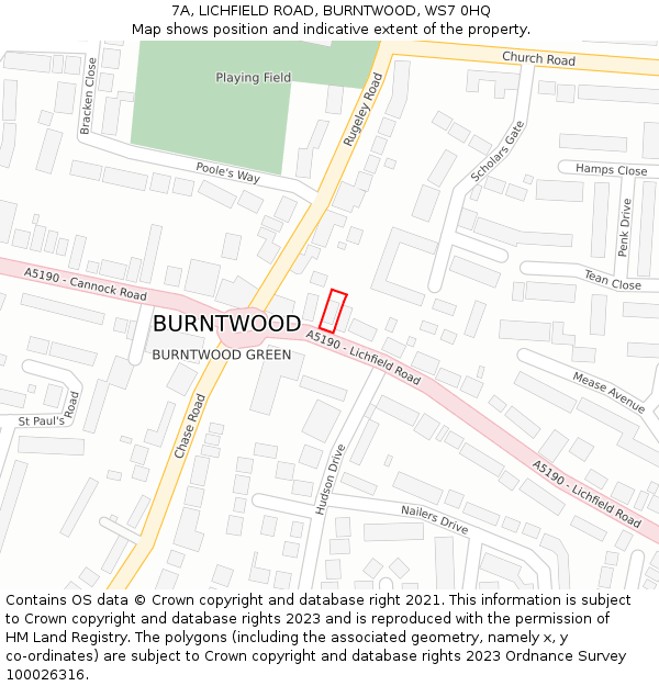 7A, LICHFIELD ROAD, BURNTWOOD, WS7 0HQ: Location map and indicative extent of plot