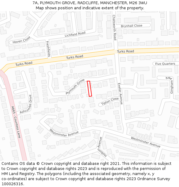 7A, PLYMOUTH GROVE, RADCLIFFE, MANCHESTER, M26 3WU: Location map and indicative extent of plot